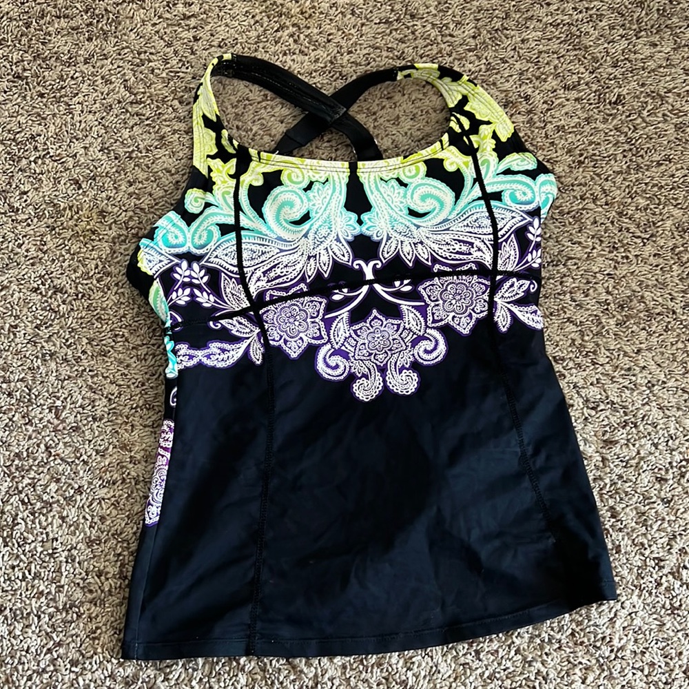 Athleta Sports tankini swim top black w/ purple turquoise lime & white print.